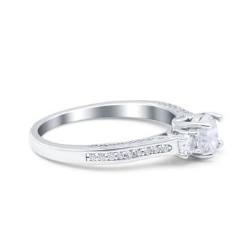 14K White Gold Three Stone Vintage Engagement Bridal Ring Round Simulated Cubic Zirconia Size-7